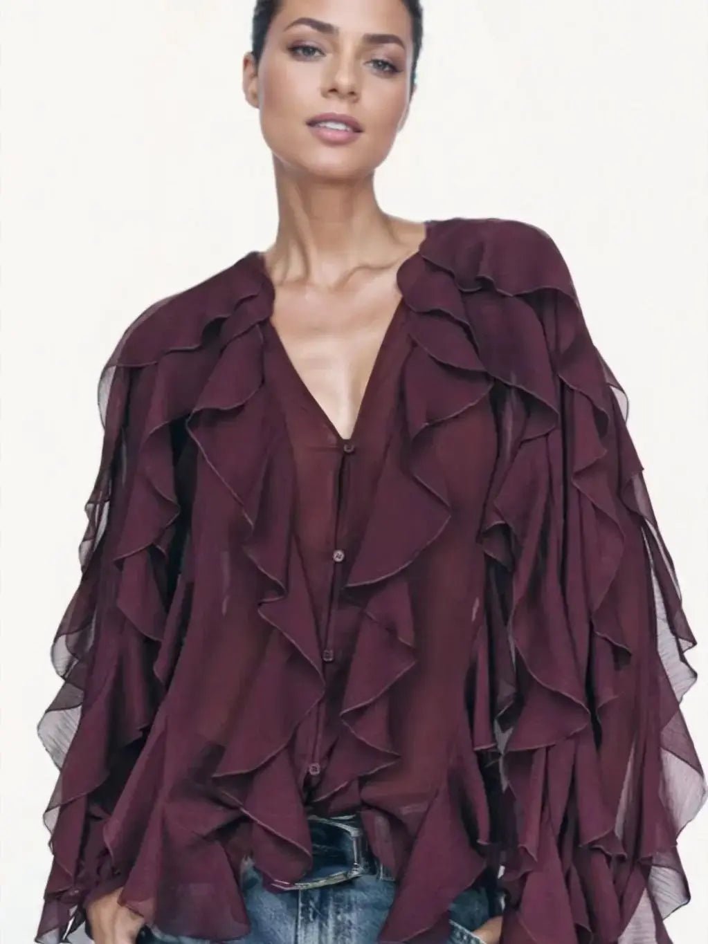 2026 Summer Chic Women's Elegant Loose Long Sleeve Layered Shirts Office Lady Vintage V-neck Translucent Tierred Ruffles Blouses - Chrissy's Eye