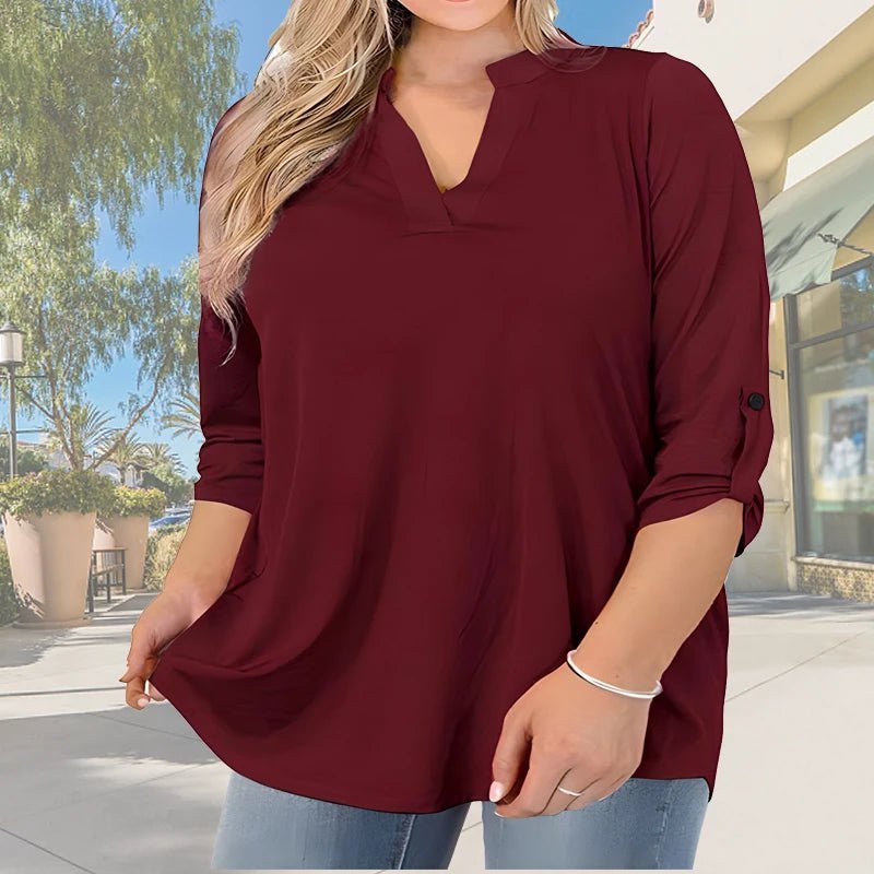 2025 New Women's Plus Size Summer Casual V-Neck Button-Front Blouse - Elegant Loose Fit Short Sleeve Machine Washable Solid - Chrissy's Eye