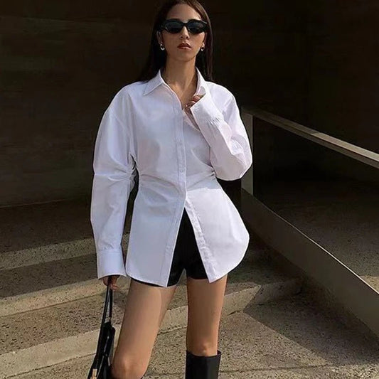 Fashion Slim Long Sleeve White Shirts Women Streetwear Turn Down Collar Button Up Office Shirt Ladies All Match Blouse Female - Chrissy's Eye