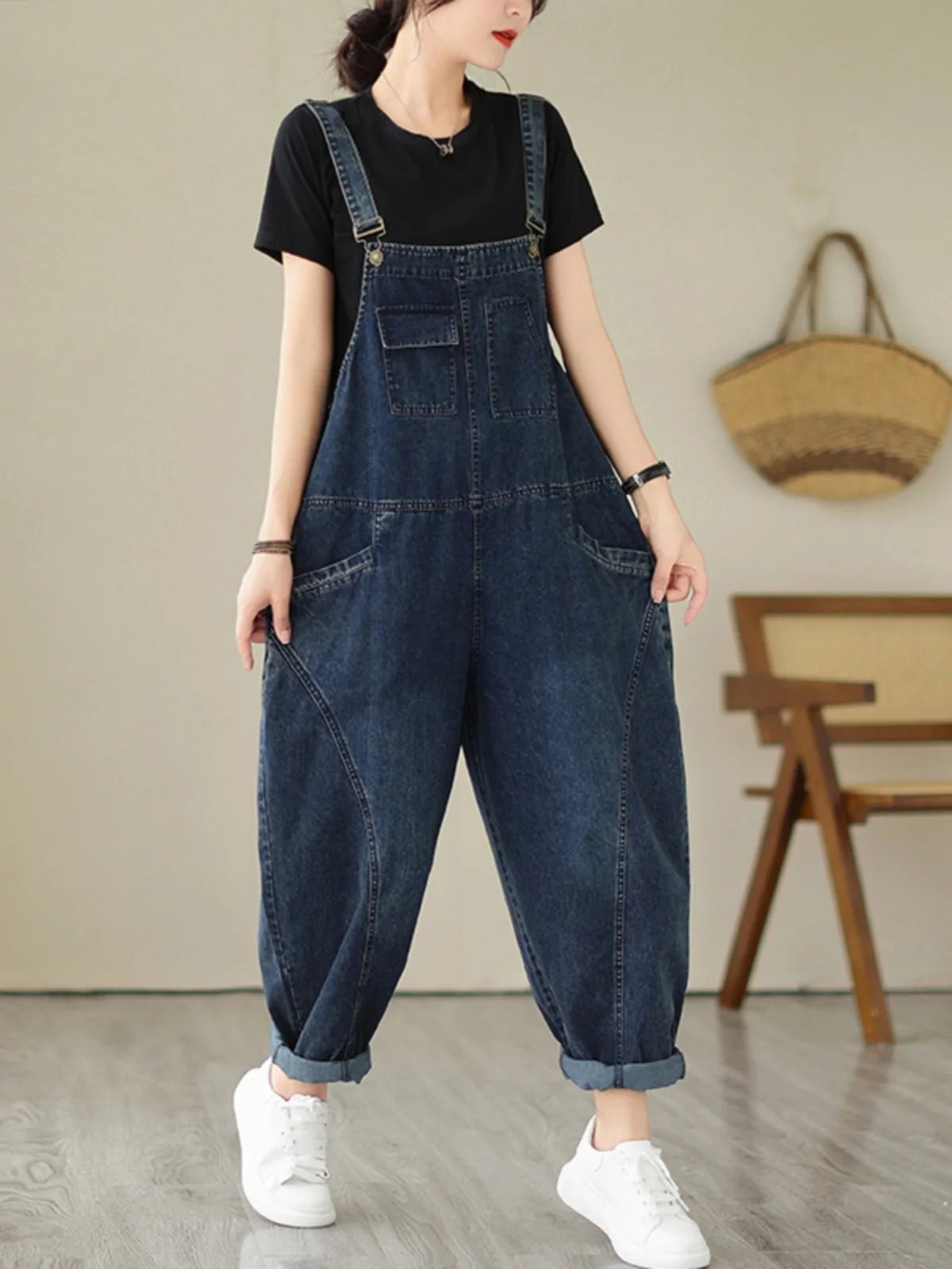 Fall Women's Loose Jeans Overalls Deep Blue High Waist Design Sensation plus Size Faion plus Size Women's Loose Slimming - Chrissy's Eye