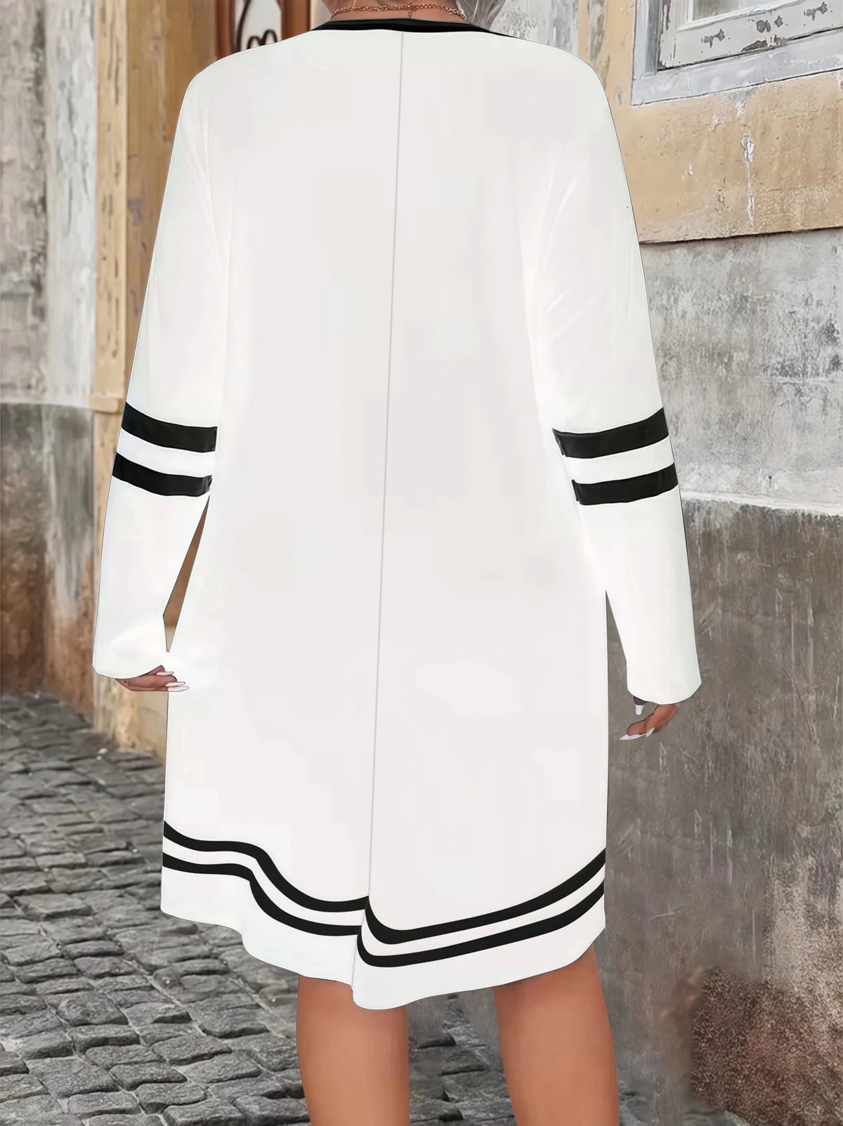 Elegant Striped Print Zip-Neck Versatile Mid-Length Long Sleeve Plus Size Winter Dress for Women - Chrissy's Eye