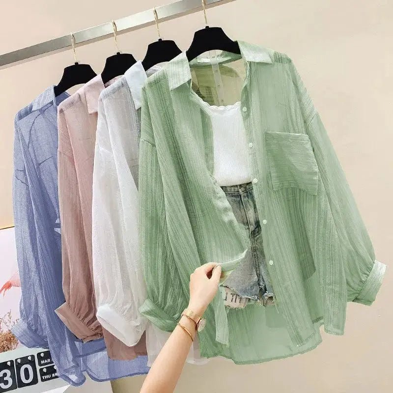 Summer Sunscreen Shirt Elegant Perspective Thin Chiffon Blouse Korean Harajuku See Through Loose Top Casual Women's Cardigan - Chrissy's Eye