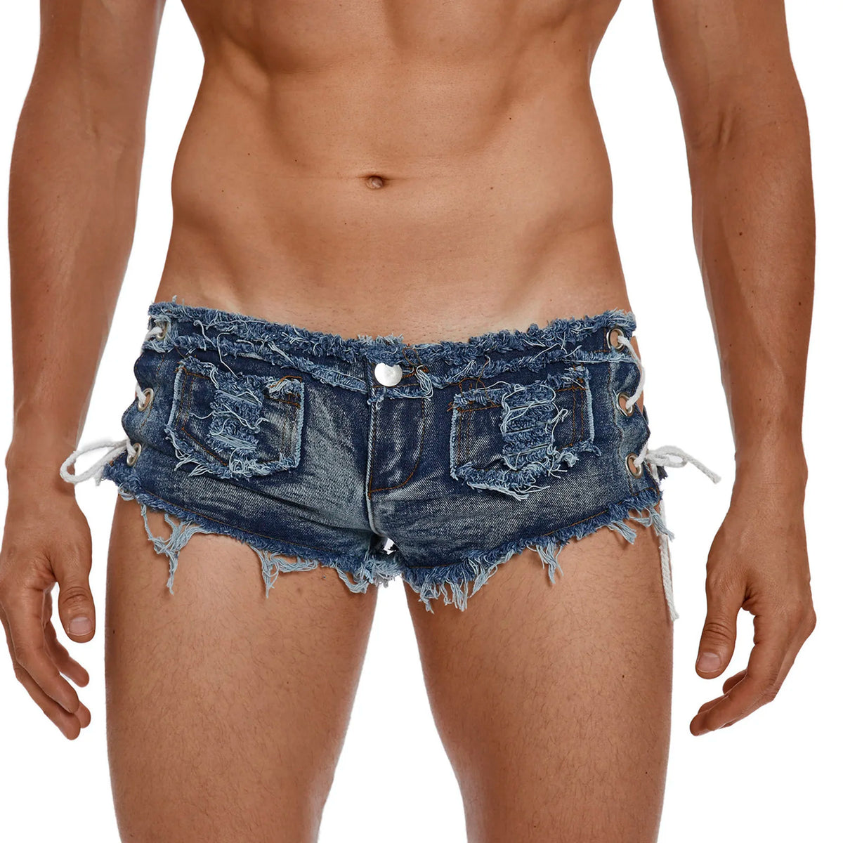 Men's Low Rise Extra Short Hot Pants Raw Edge Ripped Denim Shorts with Sides Lace-up Booty Jeans Shorts for Rave Party Clubwear - Chrissy's Eye