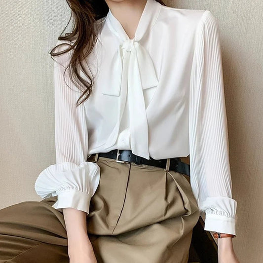 New Pleated Sleeve Chiffon Blouse Women Spring Summer Chic Design Bowknot Lace-Up Long Sleeve Shirt Simple Professional Clothing - Chrissy's Eye