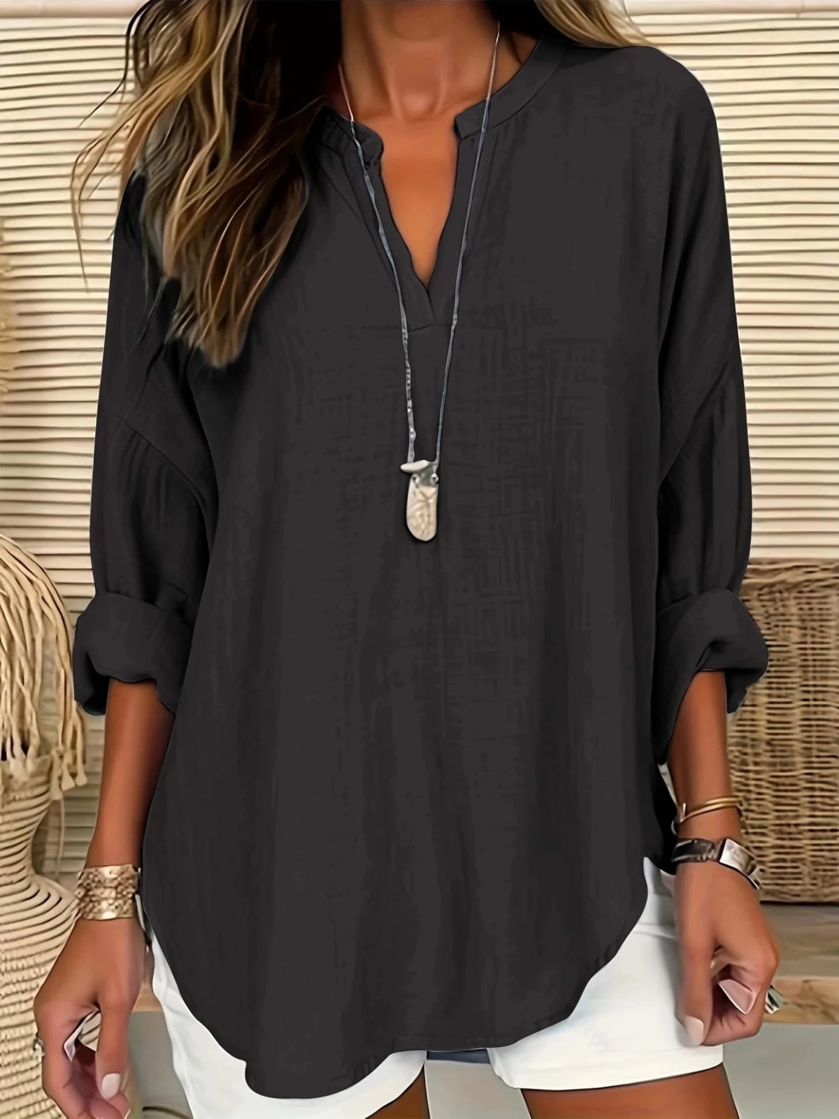 Plus Size 1XL-5XL Women's CasualLadies Fashion Solid Blouse Solid Color Loose Tops V-neck Blouse Long Sleeve Shirt - Chrissy's Eye