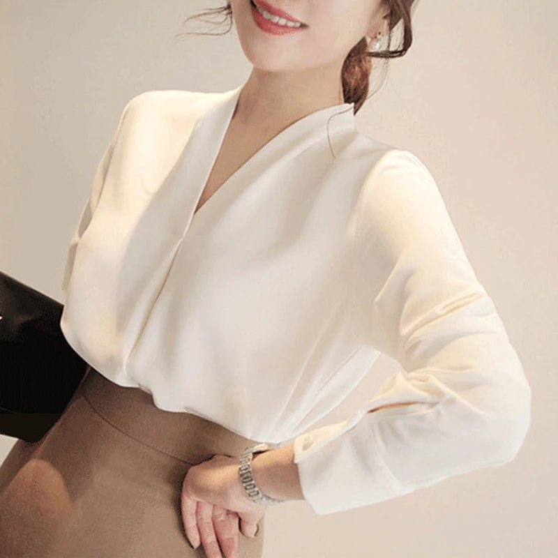Korean Solid Color V-neck Long Sleeve Lady Chiffon Shirt Spring Autumn Elegant Simple Loose Fit Women's Commuting Shirt New 128 - Chrissy's Eye