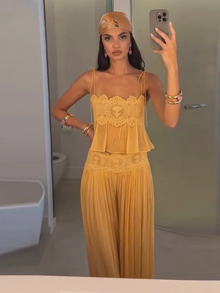 2026 Summer Fashion Square Neck Ruffled Crop Top & Long Pants 2-Piece Set Elegant Boho Resort Vacation Casual 2 Pcs Beach Outfit - Chrissy's Eye