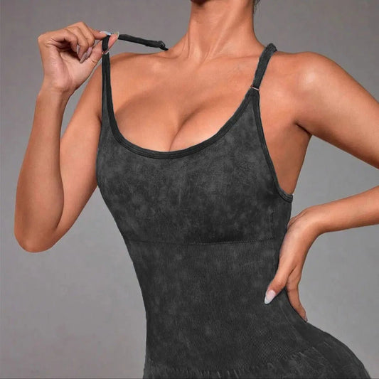 Distressed Washed Yoga Bodysuit for Women - Seamless No Panty Line Strappy Dance Leotard, Vintage Soft Workout Unitard for Gym - Chrissy's Eye