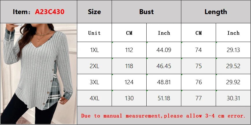 Plus Size 1XL-5XL Women's Casual Fashion V Neck Long Sleeve - Chrissy's Eye
