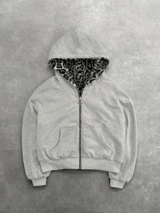 Unisex hoodie hooded sweatshirt with leopard print lining pocket, loose cardigan, zipper sweatshirt, streetwear style - Chrissy's Eye
