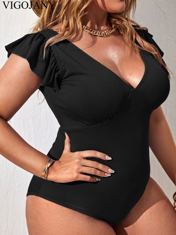 Solid Sexy Plus Size Swimwear Women Ruffle Short Sleeve Large One Piece Swimsuit Summer Beach Chubby Bathing Suit - Chrissy's Eye