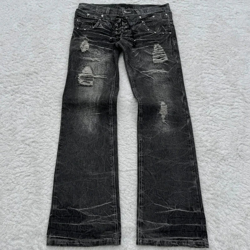 New Retro Double Waisted Lace Up Micro Flared Women Pants Streetwear Y2K Washed High-Quality Design Sense Men and Women Jeans - Chrissy's Eye