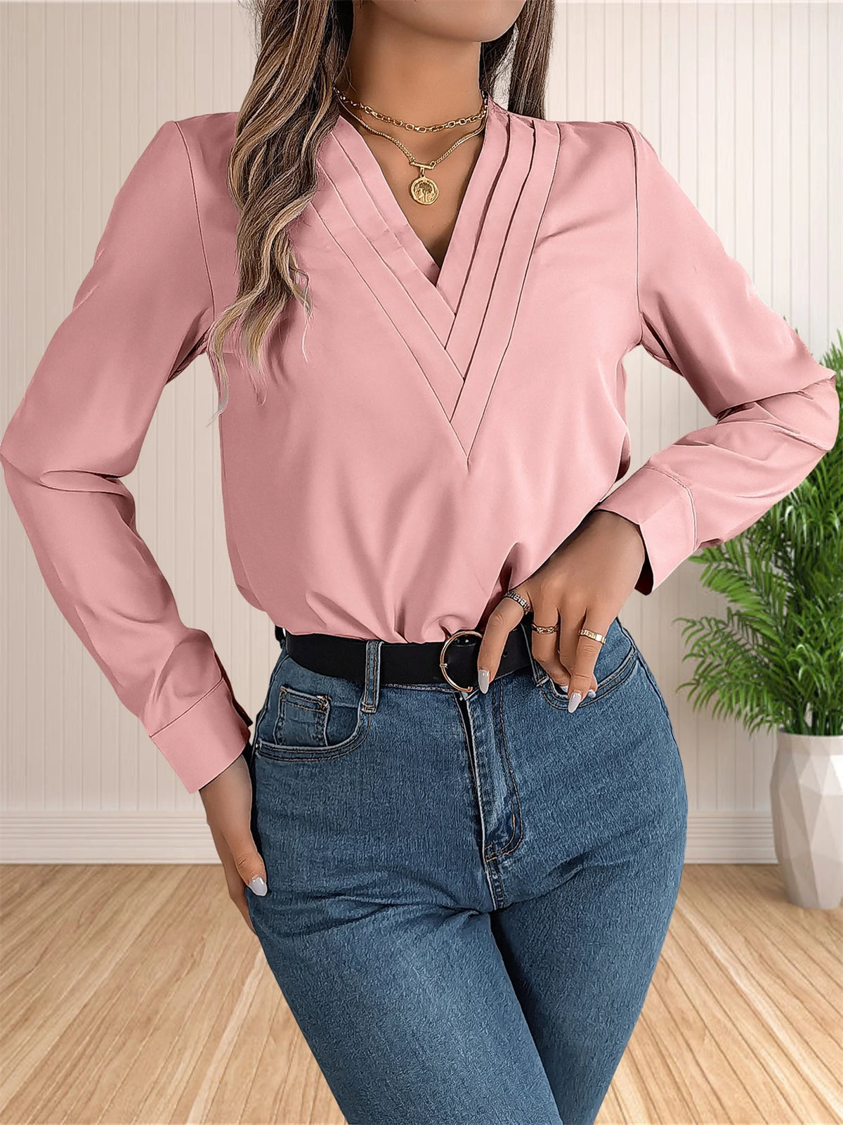 Women's Elegant Business Office Blouse Layered V Neck Long Sleeve Dressy Shirts Work Tops - Chrissy's Eye