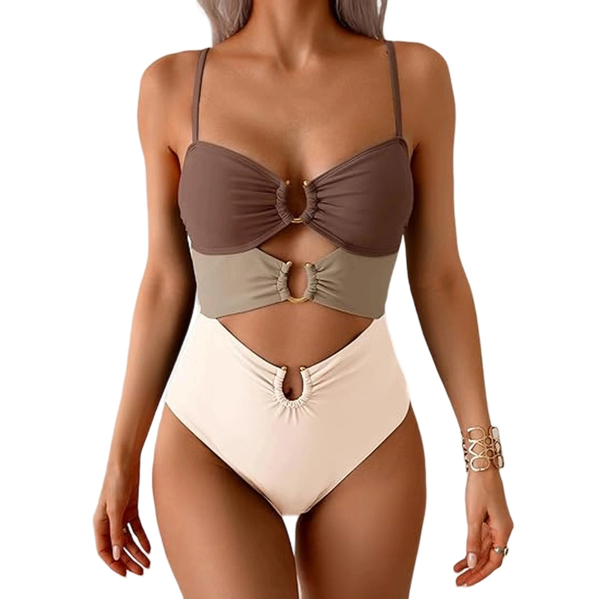 Sexy Cutout Swimsuit Solid Color Summer Spaghetti Strap Color Block Ring Detail One Piece Beach High Cut Bathing Suit - Chrissy's Eye