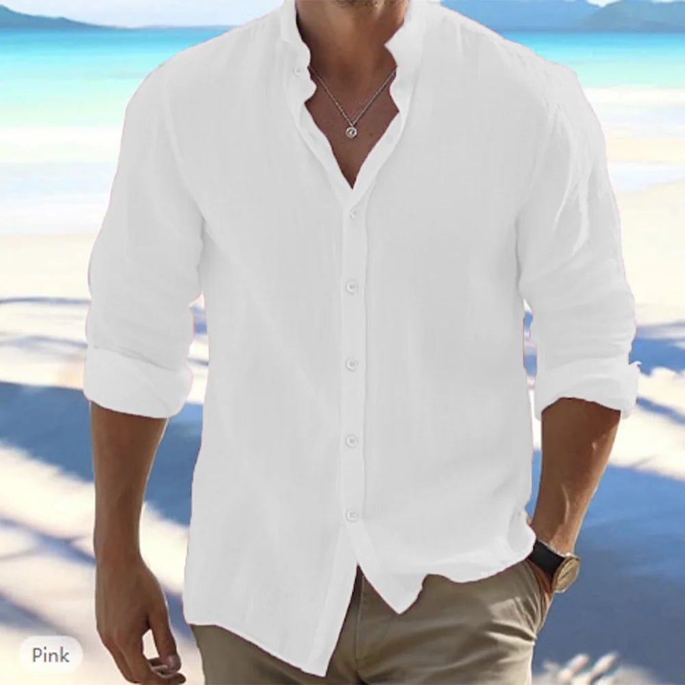 Cotton Linen Hot Sale Men's Long-Sleeved Shirts Summer Solid Color Stand-Up Collar Casual Beach Style Plus Size - Chrissy's Eye