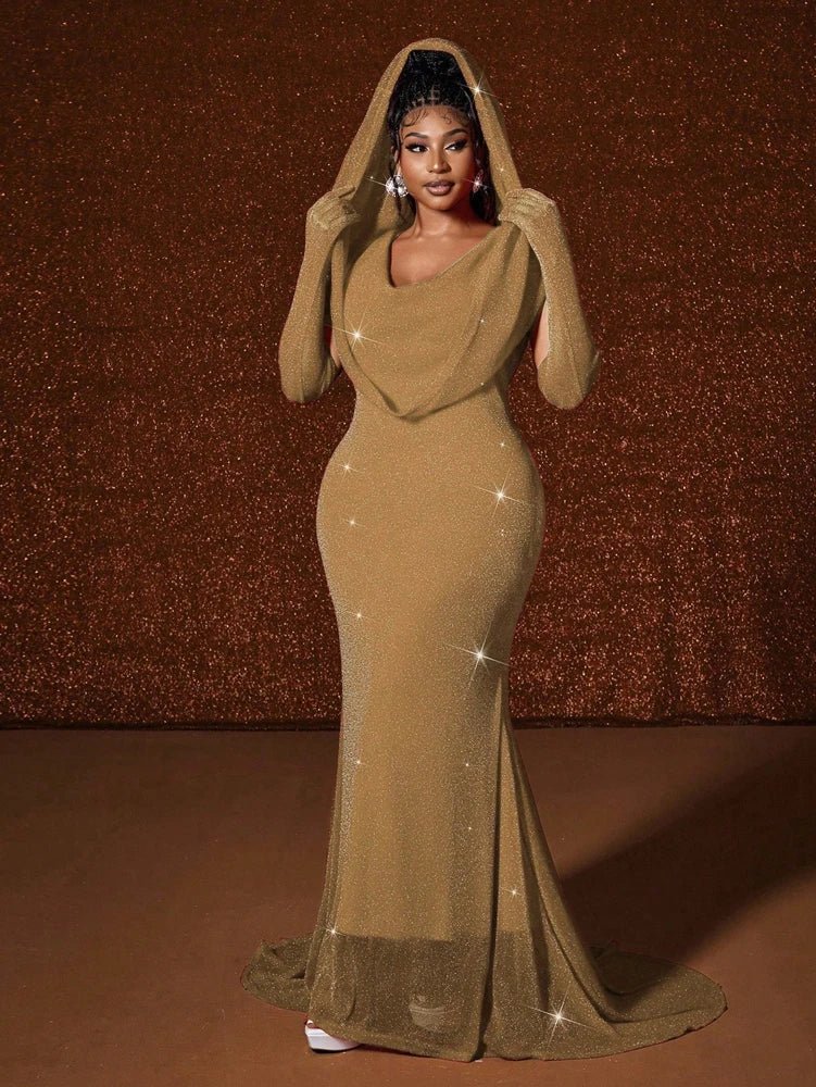 Plus Size Hat Sexy Waistband Hot Gold Fish Tail Swing Long Solid Colour Fishtail Slim Package Hip Dress Hooded - Chrissy's Eye