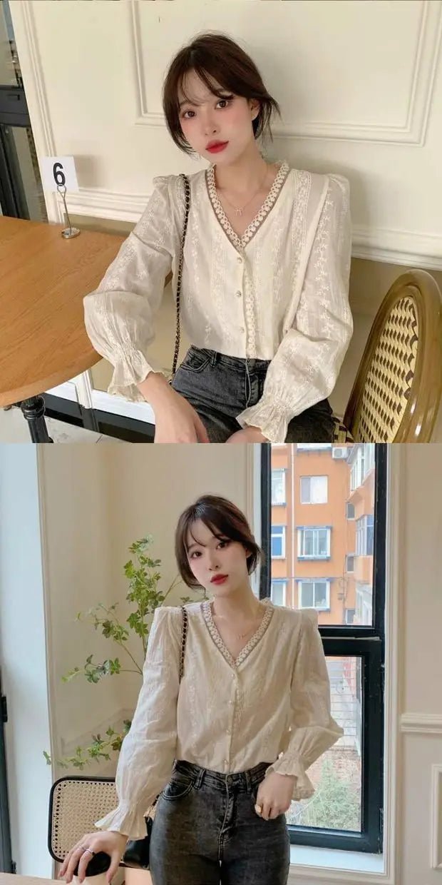 Ele Women's Long Sve Lace irt V-Ne Design Korean Sle Commute Cotton Blend Fabric Pure Color Straight Cut - Chrissy's Eye