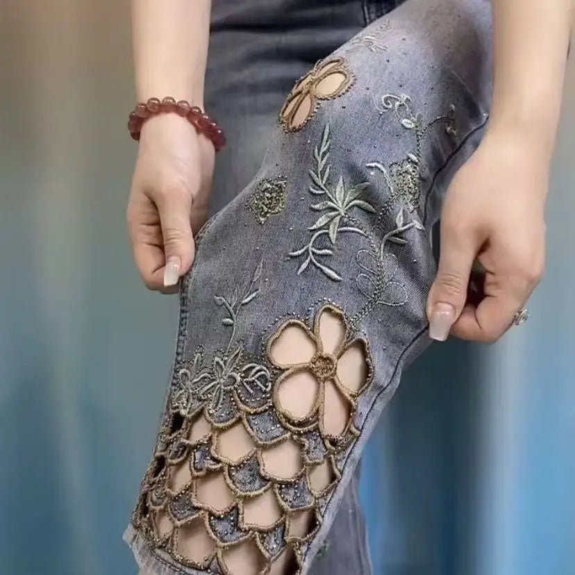 Women's high-end hollowed out embroidered denim thin high waist stylish Jeans - Chrissy's Eye