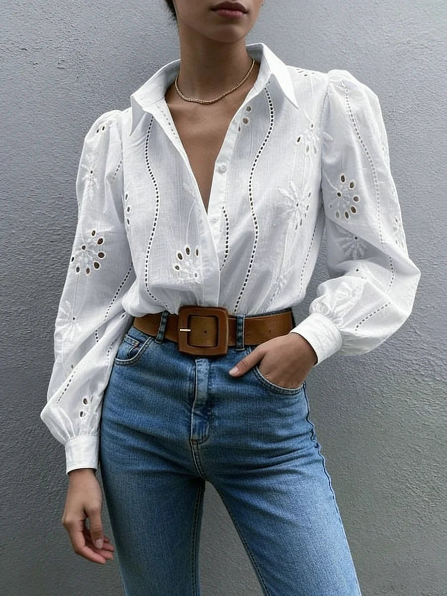 Women's Blouse Spring Summer White Eyelet Embroidery Puff Long Sleeve Valentine's Day Elegant Romantic Casual Vacation Top - Chrissy's Eye