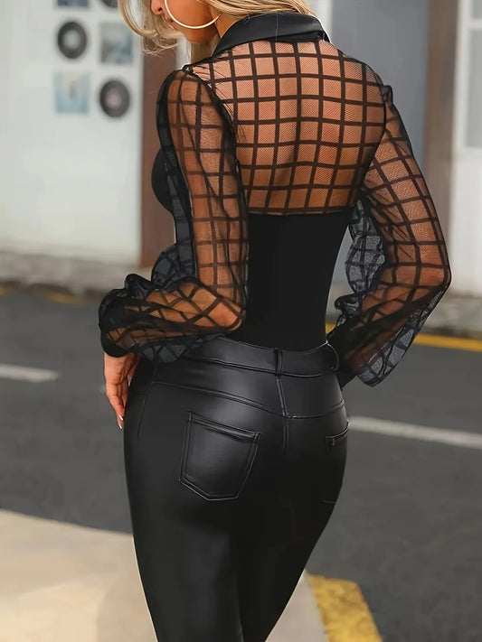 Ladies' fashionable temperament, elegant lapel mesh splicing long-sleeved blouse shirt top - Chrissy's Eye