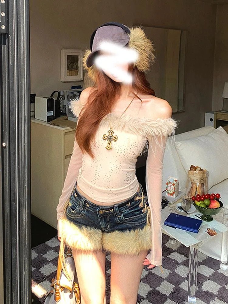 Winter New Women's Retro Design Fluffy Splicing Jeans Shorts Y2k Low-rise Strap Slim Hot Pants - Chrissy's Eye