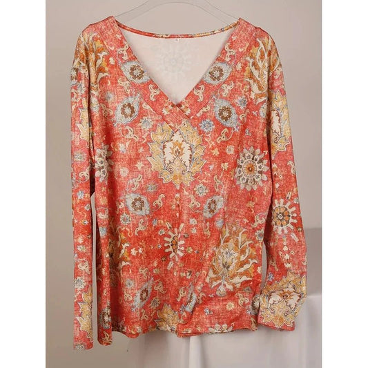Plus Size Boho Top Women's Plus Floral Print Long Sleeve T-Shirt Casual V Neck Slight Stretch Top Clothing - Chrissy's Eye