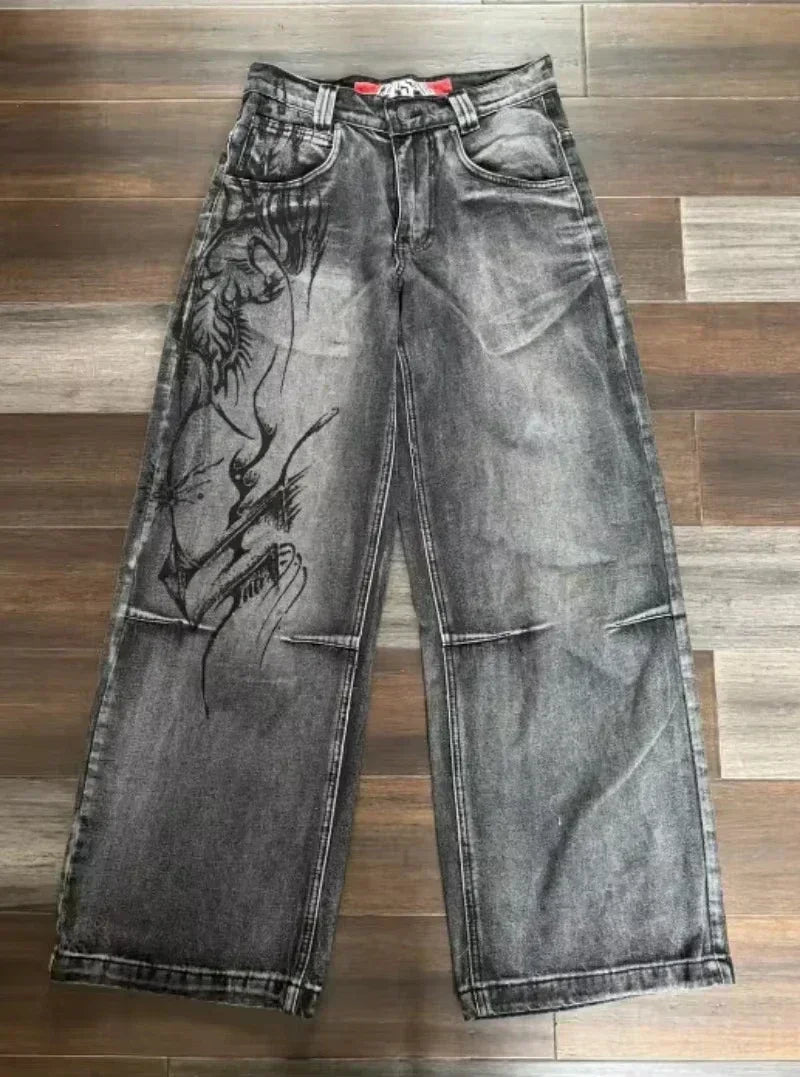 Street Fashion Trend Skull Embroidered Jeans Women Harajuku Y2K New Hip Hop Joker Straight Wide-leg Pants Couple Casual Jeans - Chrissy's Eye