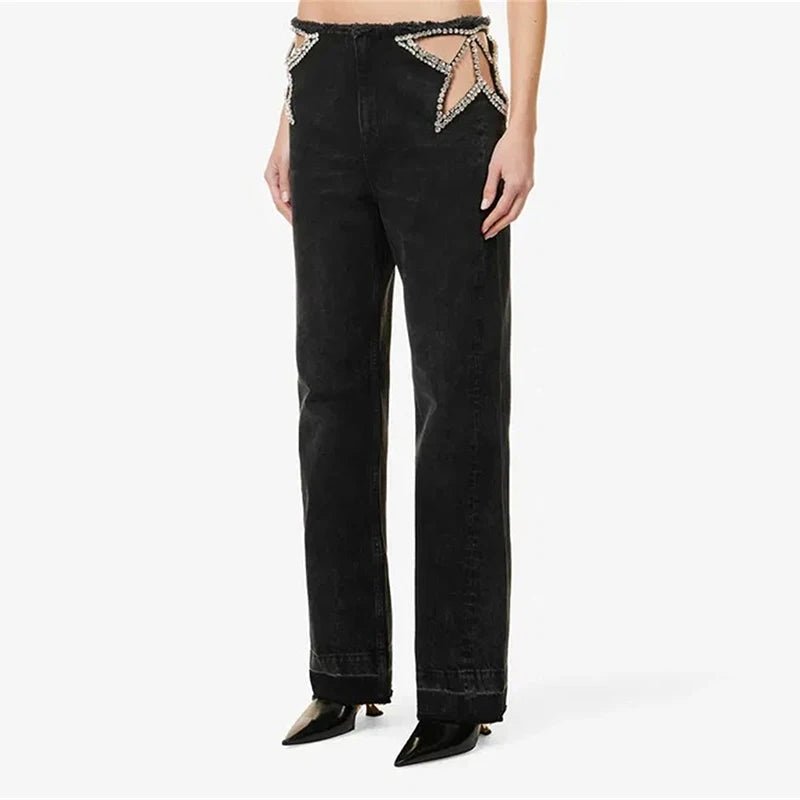 Low-Rise Raw Hem Rhinestone Star Cut-Out Jeans Baggy Wide Leg 2026 Summer Chic Women Denim Pants Causal Versatile Lady Bottoms - Chrissy's Eye