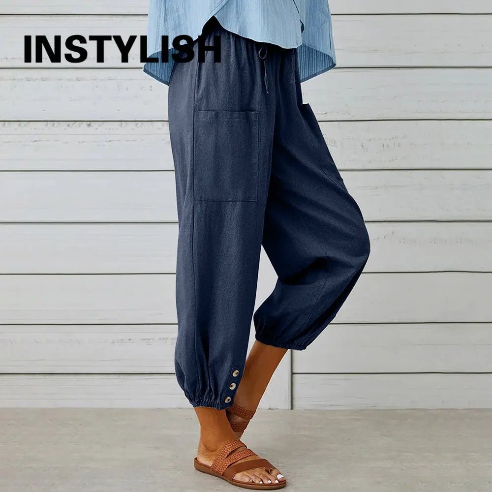 Women Cotton Linen Pants 2023 Autumn Solid Color Elastic Waist Loose Straight Trousers Female Harajuku High Waist Wide Leg Pants - Chrissy's Eye