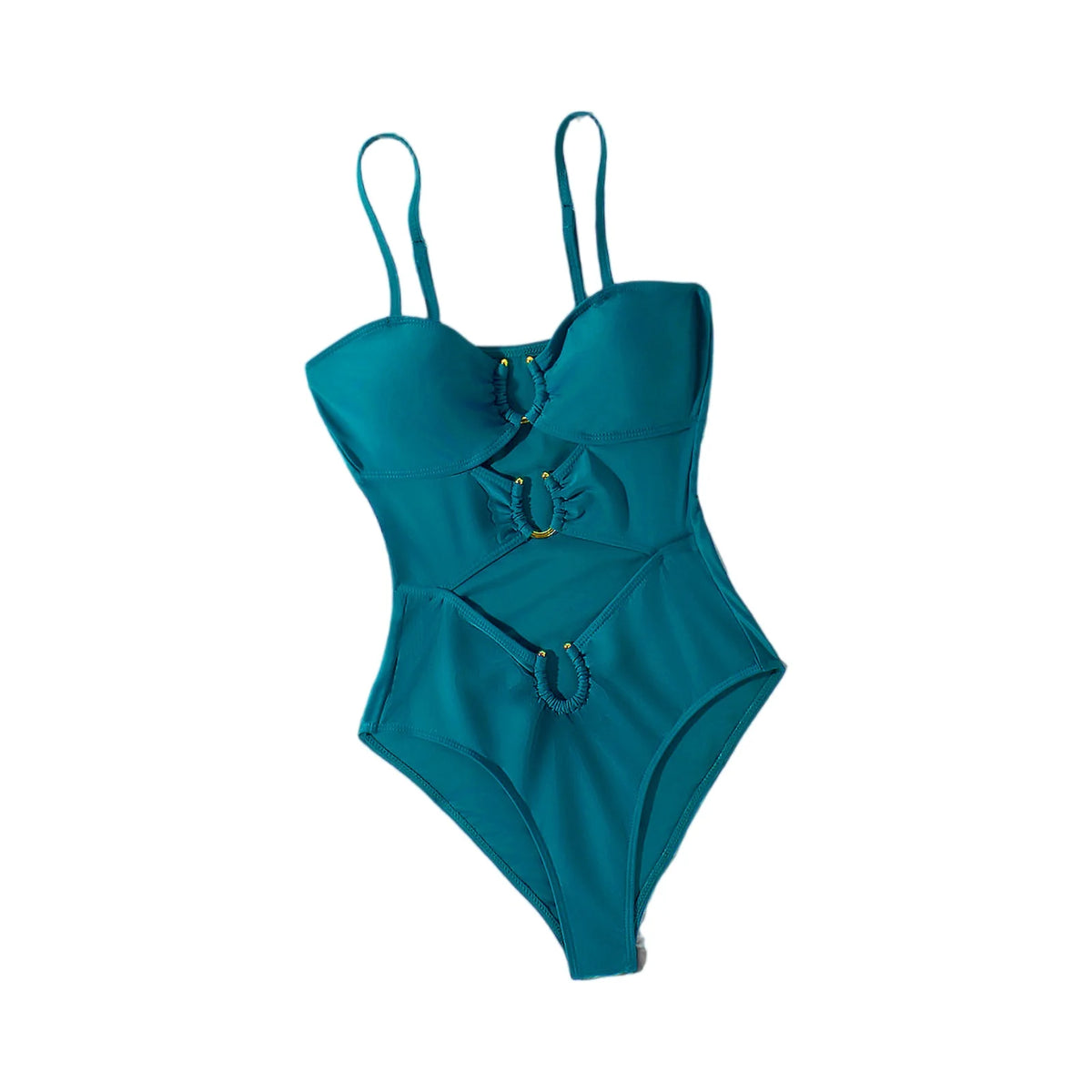 Sexy Cutout Swimsuit Solid Color Summer Spaghetti Strap Color Block Ring Detail One Piece Beach High Cut Bathing Suit - Chrissy's Eye