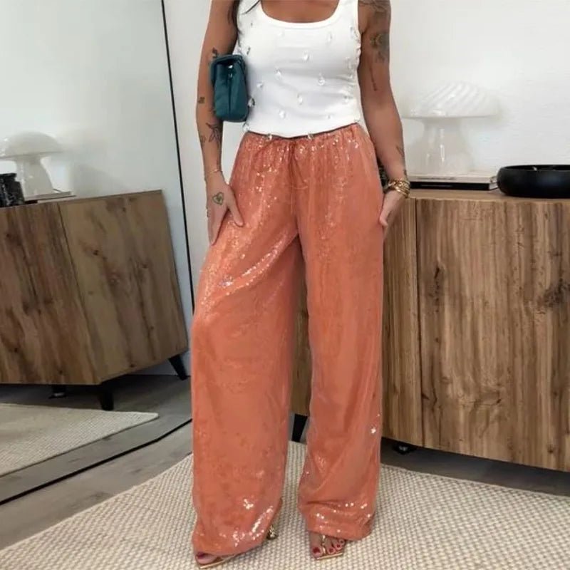 Fashion Sequin Loose Pants Women Solid Drawstring High Waist Wide Leg Trousers Female 2026 Fashion Summer Shinny Bottom Lady - Chrissy's Eye