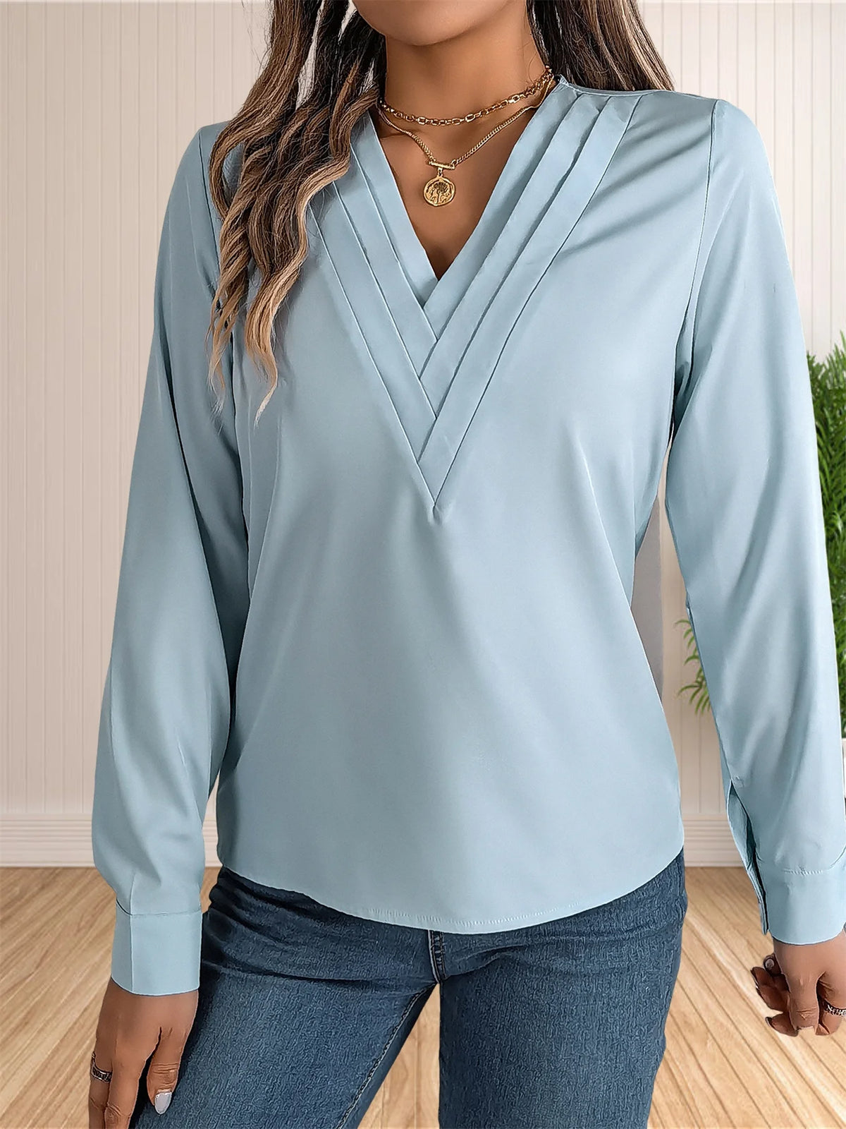 Women's Elegant Business Office Blouse Layered V Neck Long Sleeve Dressy Shirts Work Tops - Chrissy's Eye