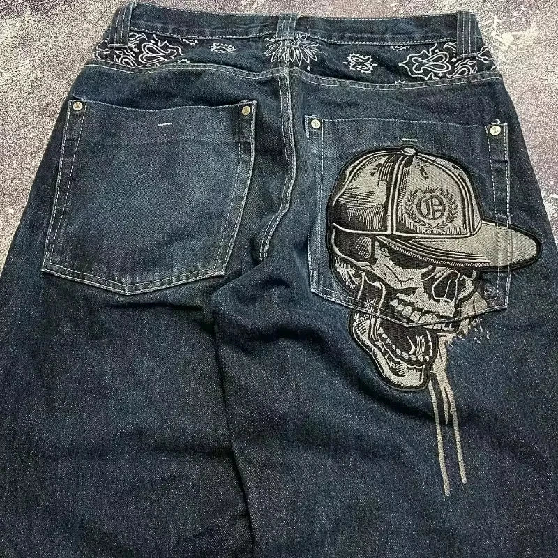 Street Fashion Trend Skull Embroidered Jeans Women Harajuku Y2K New Hip Hop Joker Straight Wide-leg Pants Couple Casual Jeans - Chrissy's Eye