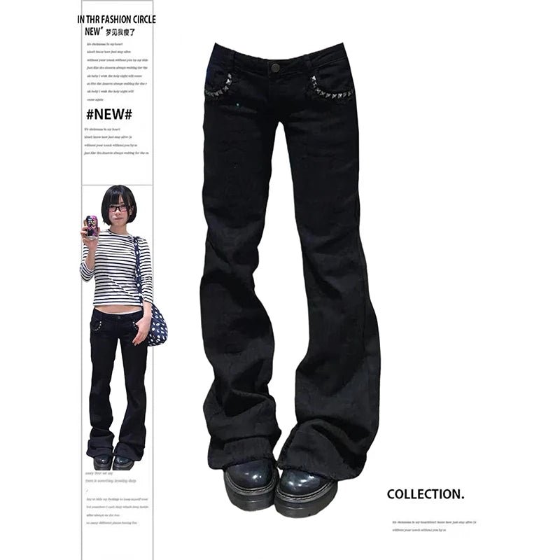 ZHIZOU Women Low Rise Jeans Black Flared Denim Pants Gyaru American Retro Korean Cyber Punk Trumpet Jeans Y2k Skinny Bell Bottom - Chrissy's Eye