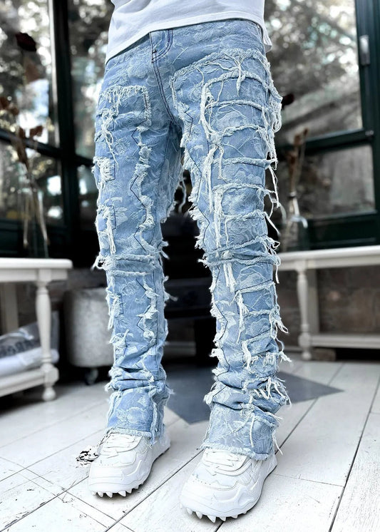 Men's Regular Fit Stacked Jeans Ripped Slim Fit Patch Distressed Destroyed Straight Denim Pants Hip Hop Streetwear Trouser Cloth - Chrissy's Eye
