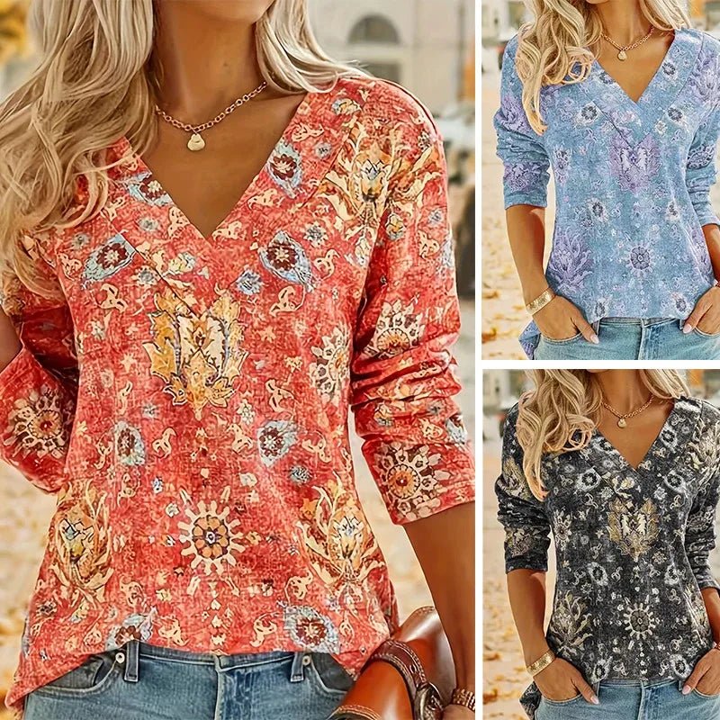 Plus Size Boho Top Women's Plus Floral Print Long Sleeve T-Shirt Casual V Neck Slight Stretch Top Clothing - Chrissy's Eye