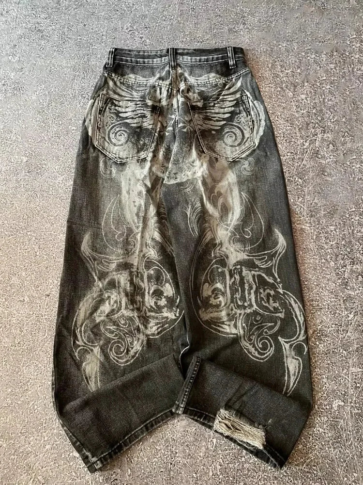 Hip Hop American Y2K Women Jeans High Street Vintage Gothic Print Fashion Casual Couple Wide-leg Pants Unisex Punk Work Pants - Chrissy's Eye