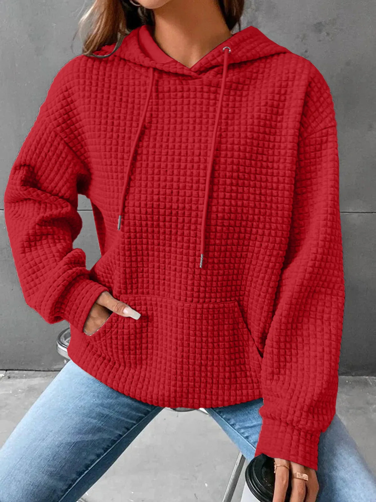 Women's hooded sweatshirt spring and autumn style waffle fashion beautiful solid color hooded drawstring loose sweatshirt - Chrissy's Eye