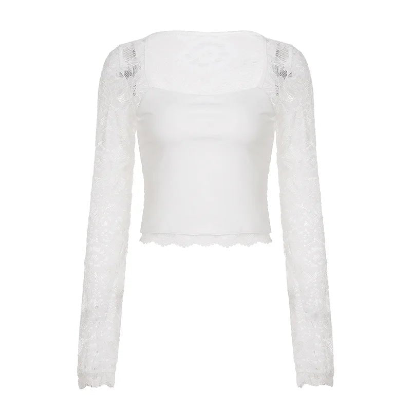 SsTss Solid Slim Sheer Lace Top for Women Fashion Hollow Out Long Sleeve Square Neck Slim Stretch Basic Crop T Shirt for Dating - Chrissy's Eye