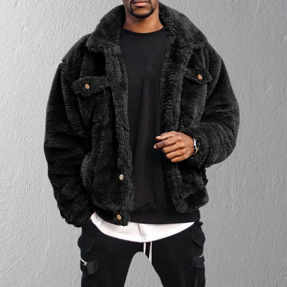 Leisure Men Coat Cozy Winter Jacket Thermal Chest Pockets Jackets Thickened Velvet Men Jacket Plush Fluffy Hip-hop Style Jacket - Chrissy's Eye