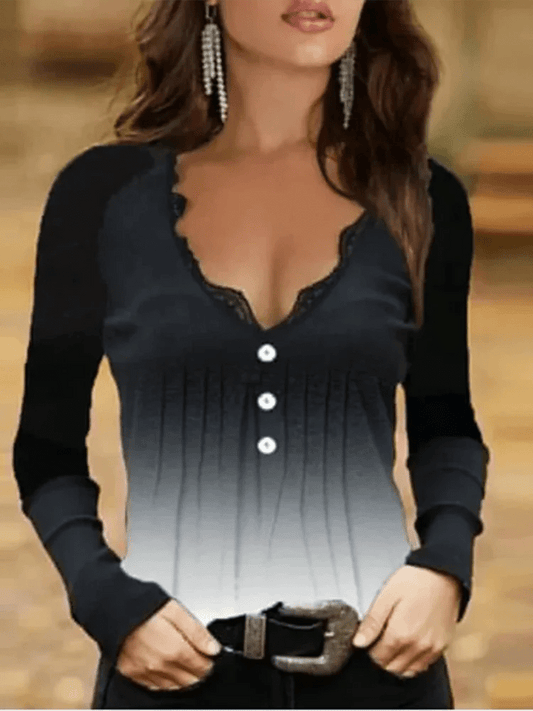Women Black V-Neck Lace Sexy Top Long Sleeve Button T-Shirt Casual Fashion Slim Top - Chrissy's Eye