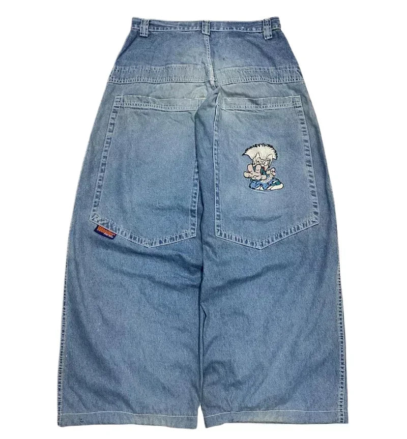 Street Fashion Trend Skull Embroidered Jeans Women Harajuku Y2K New Hip Hop Joker Straight Wide-leg Pants Couple Casual Jeans - Chrissy's Eye