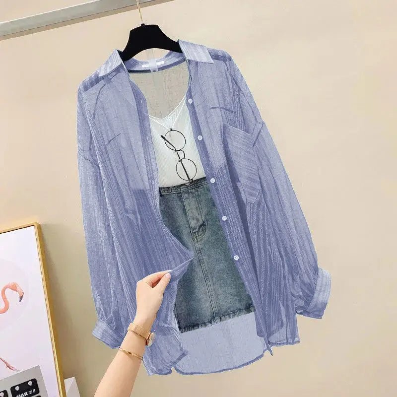 Summer Sunscreen Shirt Elegant Perspective Thin Chiffon Blouse Korean Harajuku See Through Loose Top Casual Women's Cardigan - Chrissy's Eye