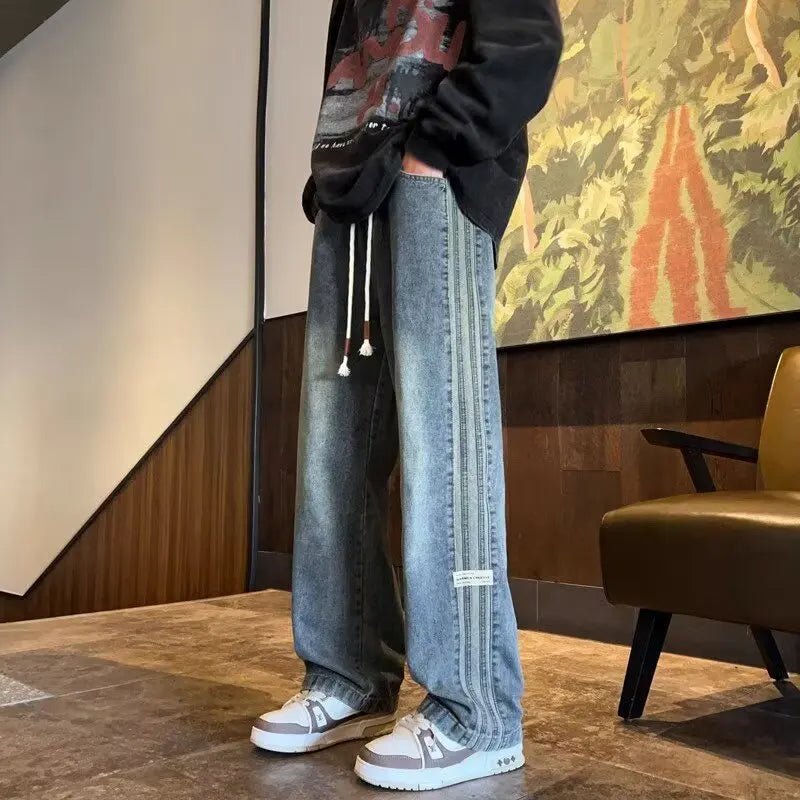 Three bar American retro jeans men's spring and autumn new style high street elastic waist loose casual men's straight leg long - Chrissy's Eye