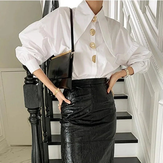 White Elegant Pearl Women Shirts Korean Sharp Corner Collar Loose Long Sleeve Ladies Blouse Y2k Fashion New Chic Female Tops - Chrissy's Eye