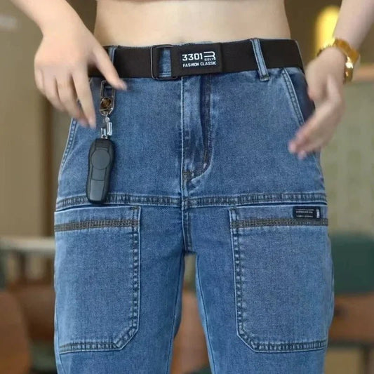 Spring Summer Thin Six Pocket Men's Jeans Elastic Straight Leg Casual Slim Fit Jeans Versatile Multi-Pocket Long Y2K Denim Pants - Chrissy's Eye