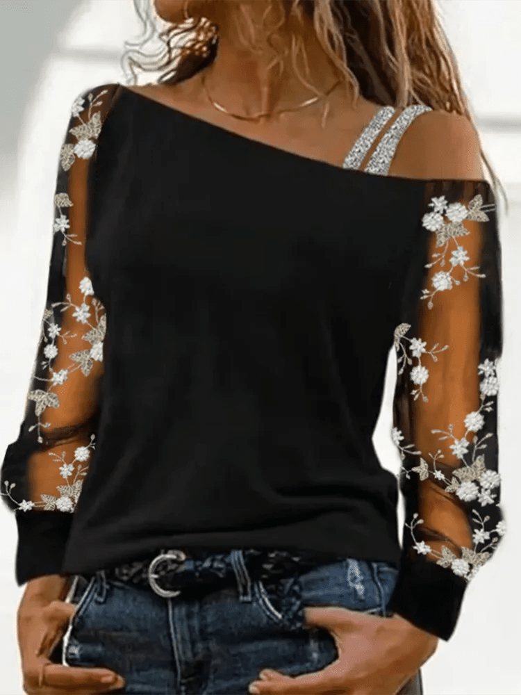 Sexy Off Shoulder Sloping Collar Long Sleeved Lace Printed Women's Top Daily Versatile Dating Parties Autumn Tops - Chrissy's Eye