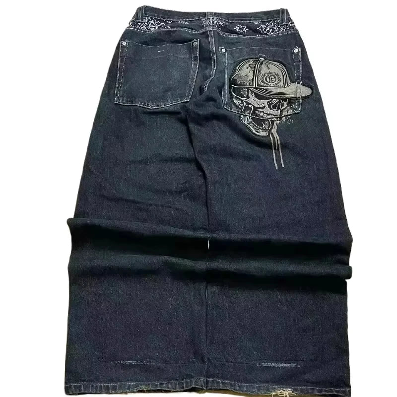 Street Fashion Trend Skull Embroidered Jeans Women Harajuku Y2K New Hip Hop Joker Straight Wide-leg Pants Couple Casual Jeans - Chrissy's Eye