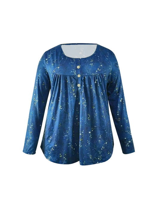 Plus Size Women's Spring and Autumn Long Sleeve Random Plant Print Button T-Shirt - Chrissy's Eye