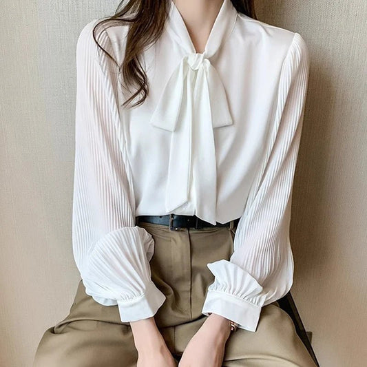 New Pleated Sleeve Chiffon Blouse Women Spring Summer Chic Design Bowknot Lace-Up Long Sleeve Shirt Simple Professional Clothing - Chrissy's Eye